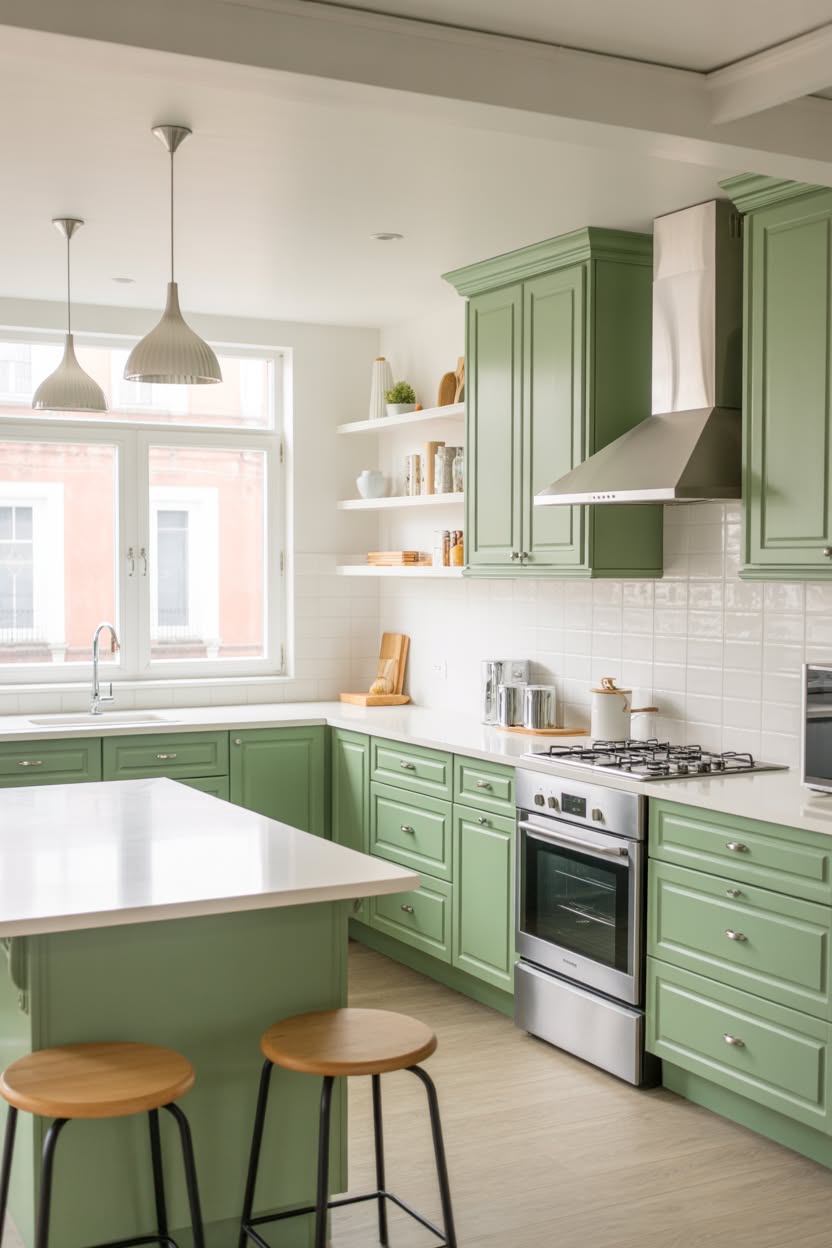Bright sage green kitchen cabinets with white countertops island with bar stools and open white shelving