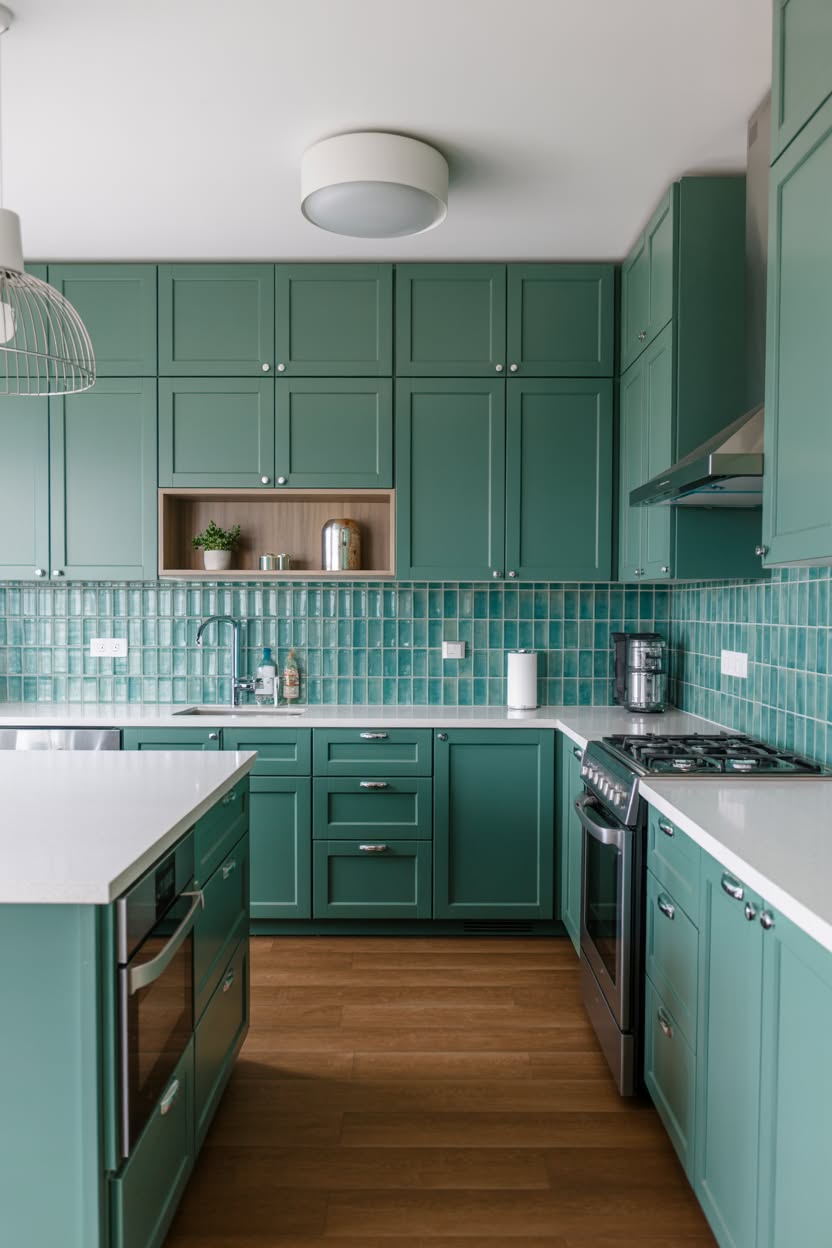 Teal green kitchen cabinets with matching vertical teal tile backsplash white countertops and wood niche