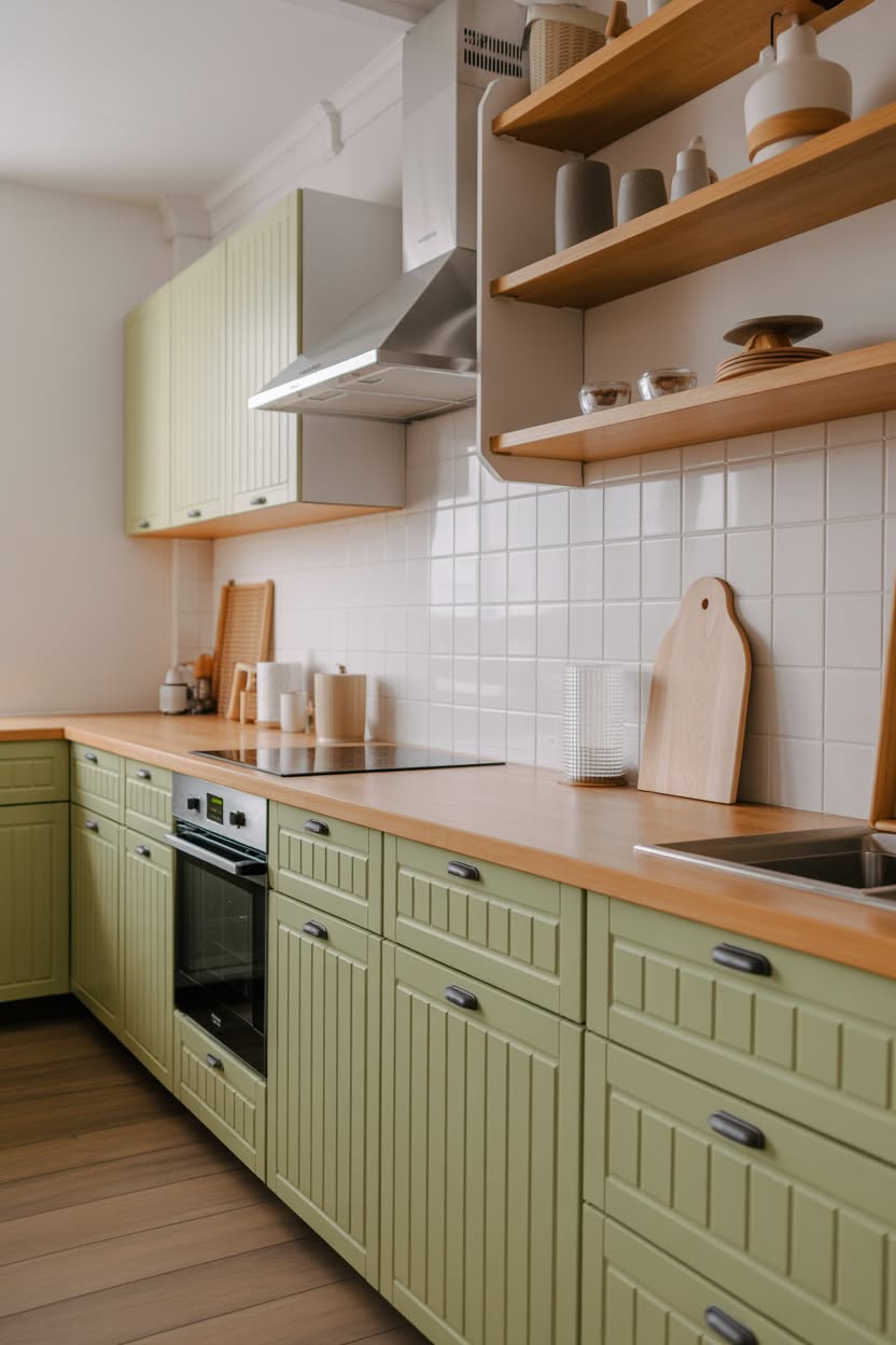 Pale sage green beadboard kitchen cabinets with butcher block countertops and open wood shelving