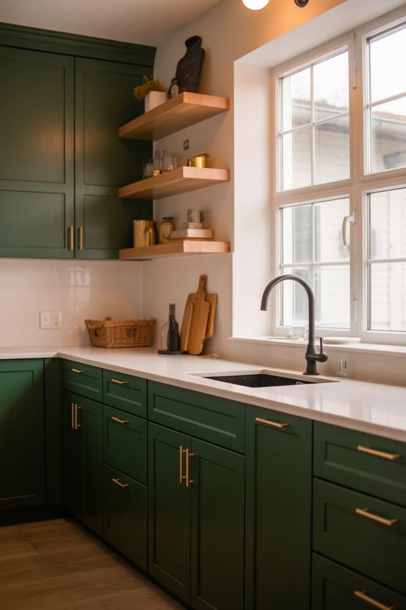 Forest green shaker cabinets with white countertops brass hardware black faucet and floating wood shelves by window