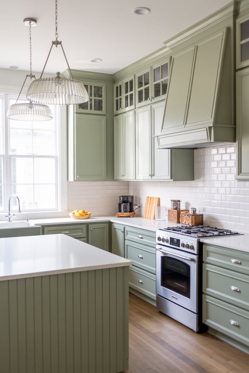 Two-tone sage green kitchen with beadboard island custom range hood cover and ribbed glass pendant lights