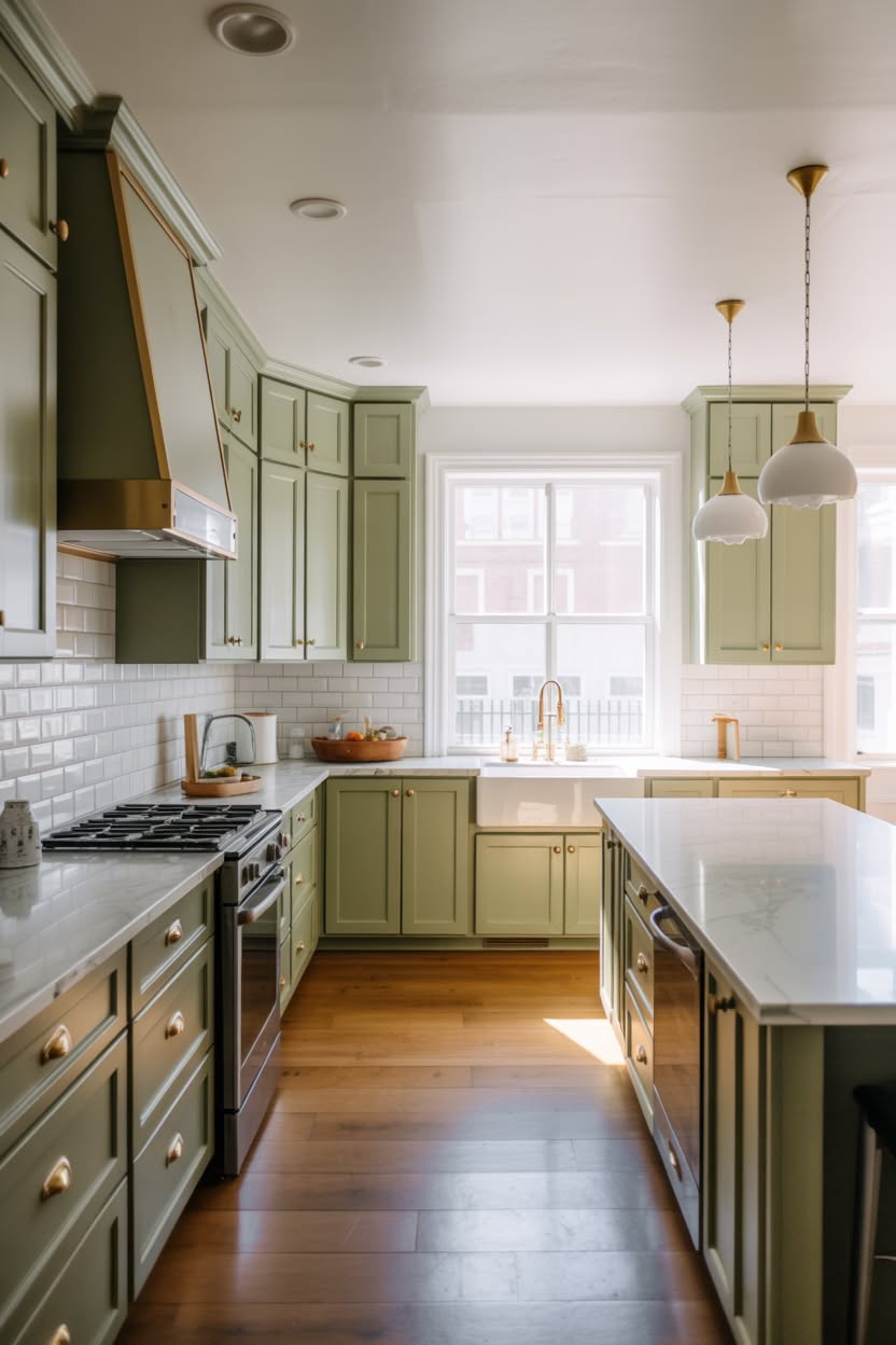 Bright sage green kitchen with white marble countertops brass trimmed range hood farmhouse sink and vintage pendant lights
