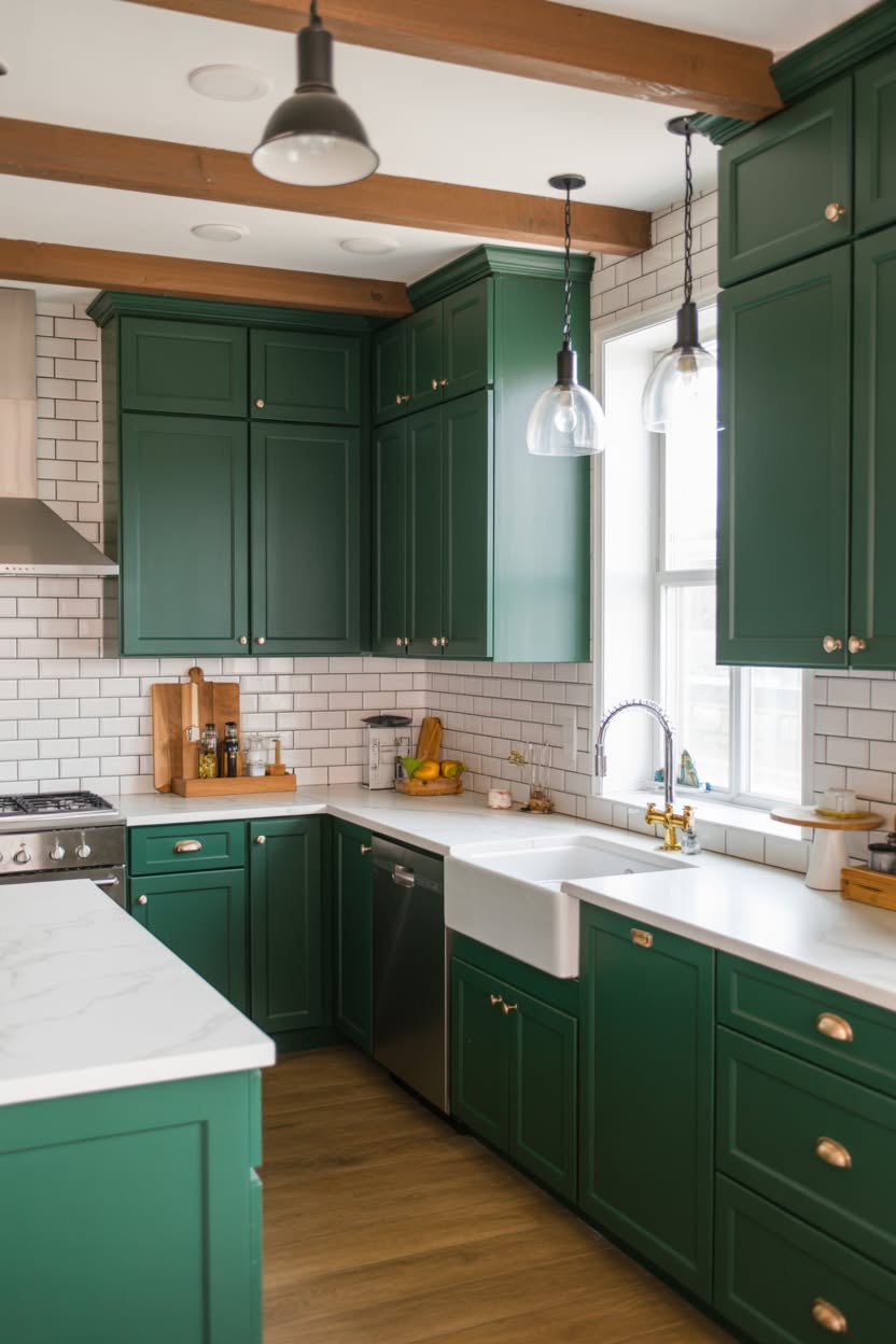 Deep emerald green kitchen cabinets with white farmhouse sink exposed wood ceiling beams and brass hardware