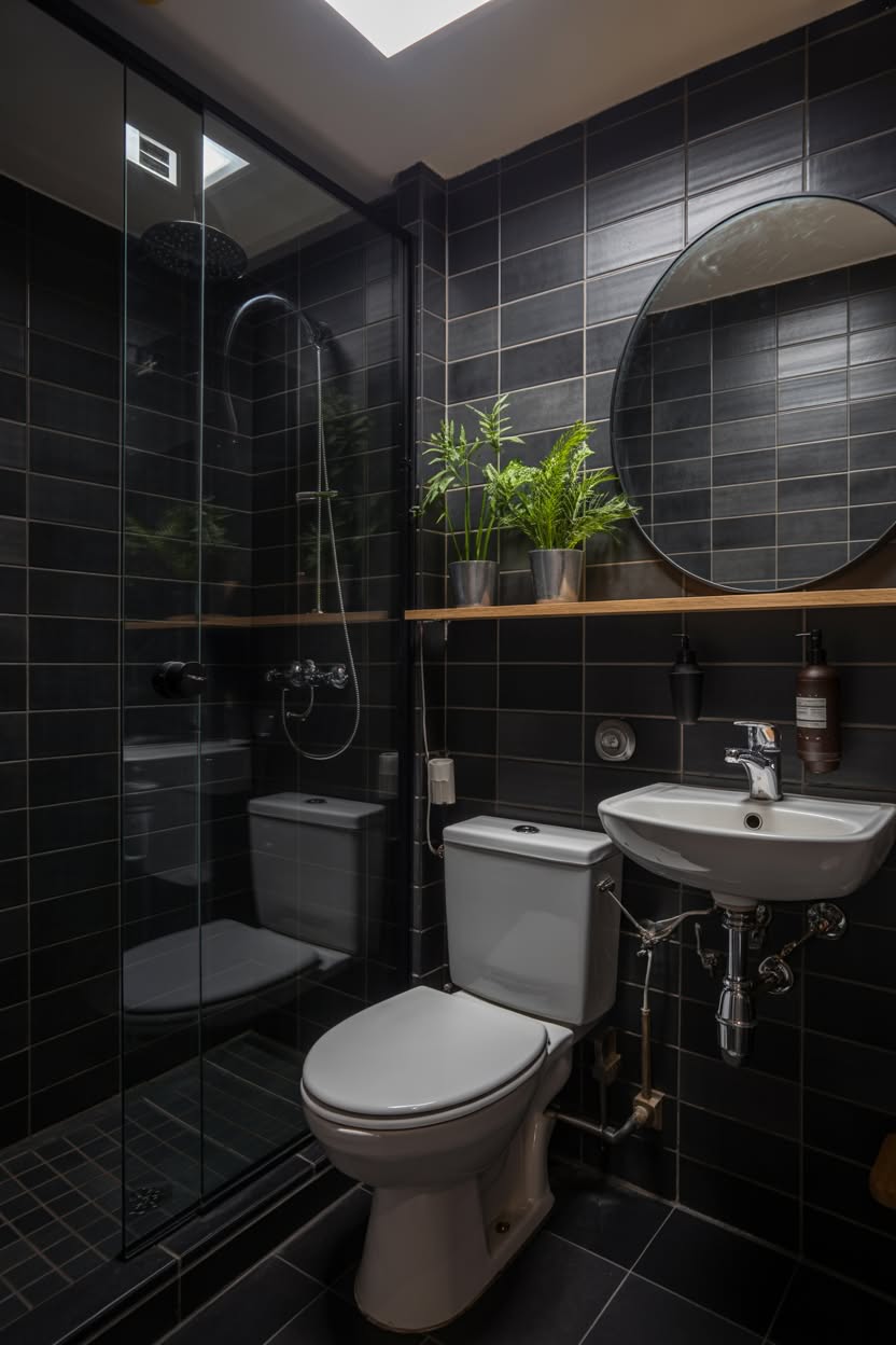 Modern black tiled bathroom with glass shower, floating wood shelf, and contemporary fixtures