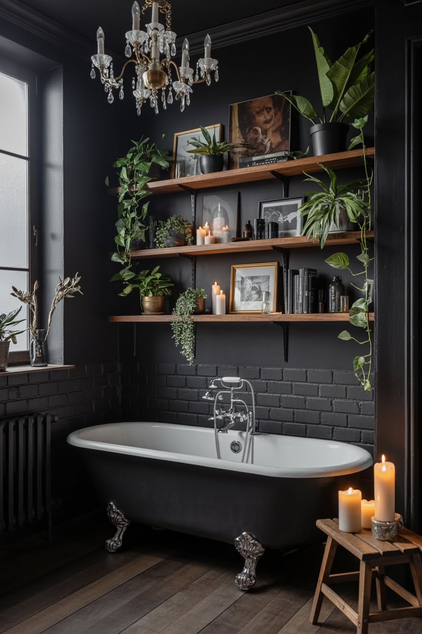 Dramatic black bathroom with crystal chandelier, vintage clawfoot tub, and botanical styling