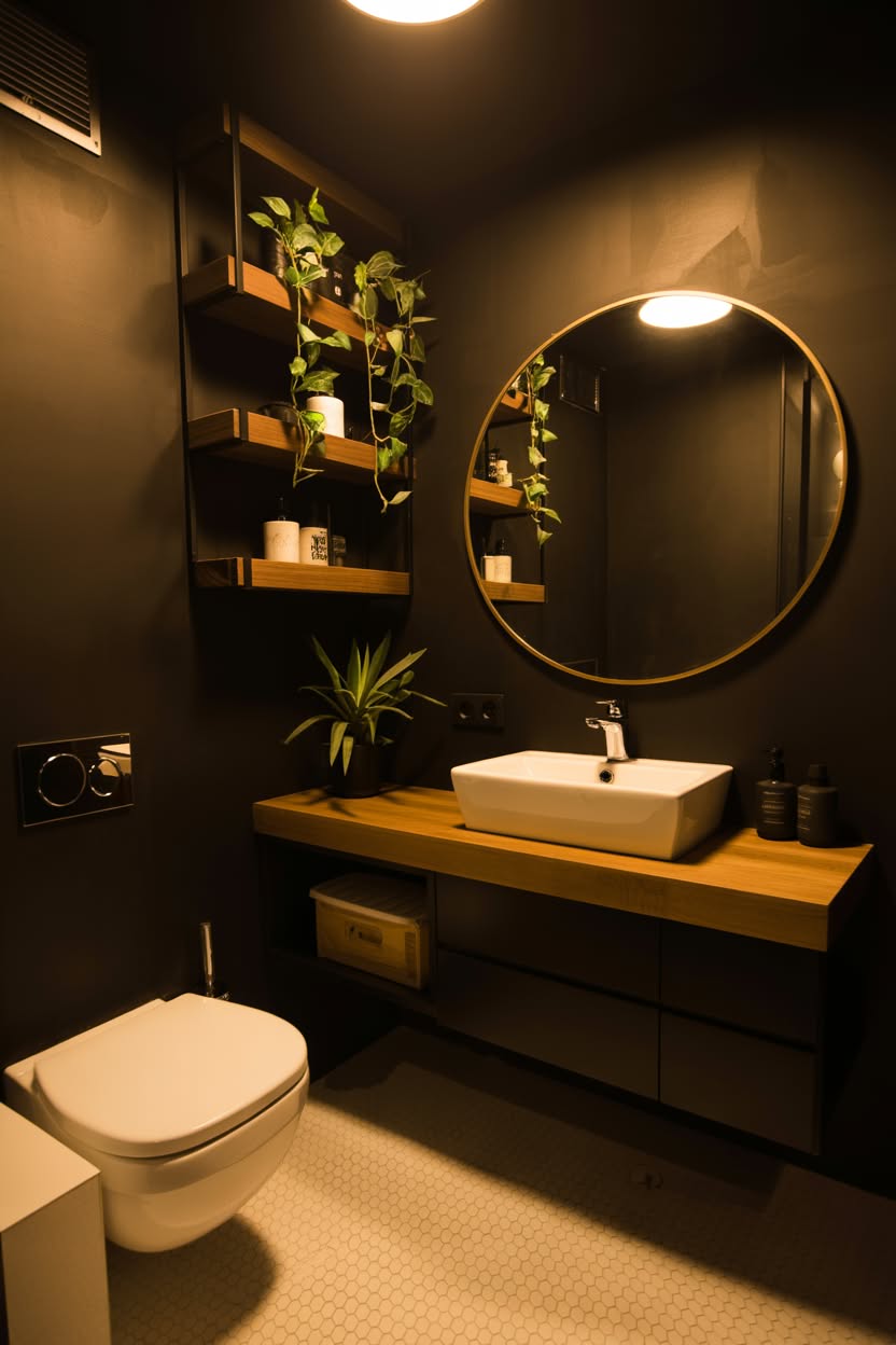 All-black modern bathroom with floating wood vanity, round mirror, and minimalist plant styling