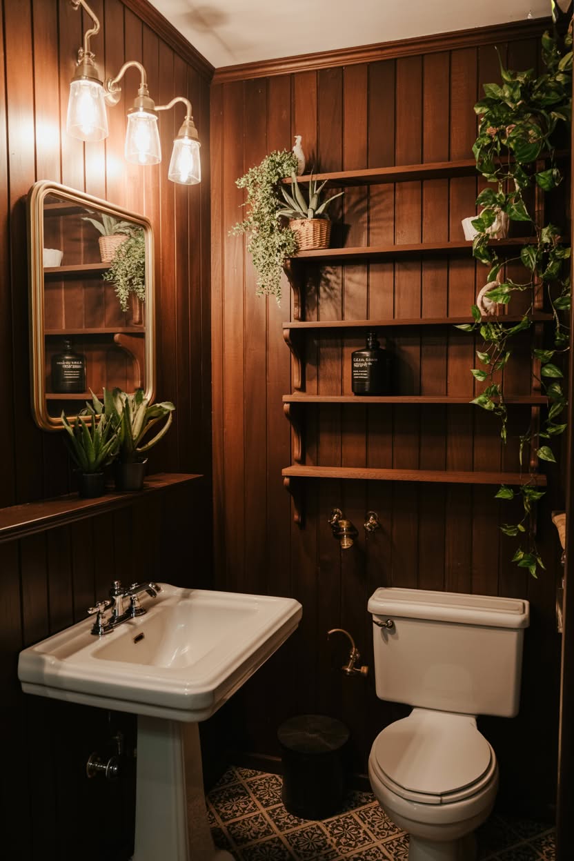 Dark wood paneled bathroom with vintage pedestal sink, brass fixtures, and cascading plants
