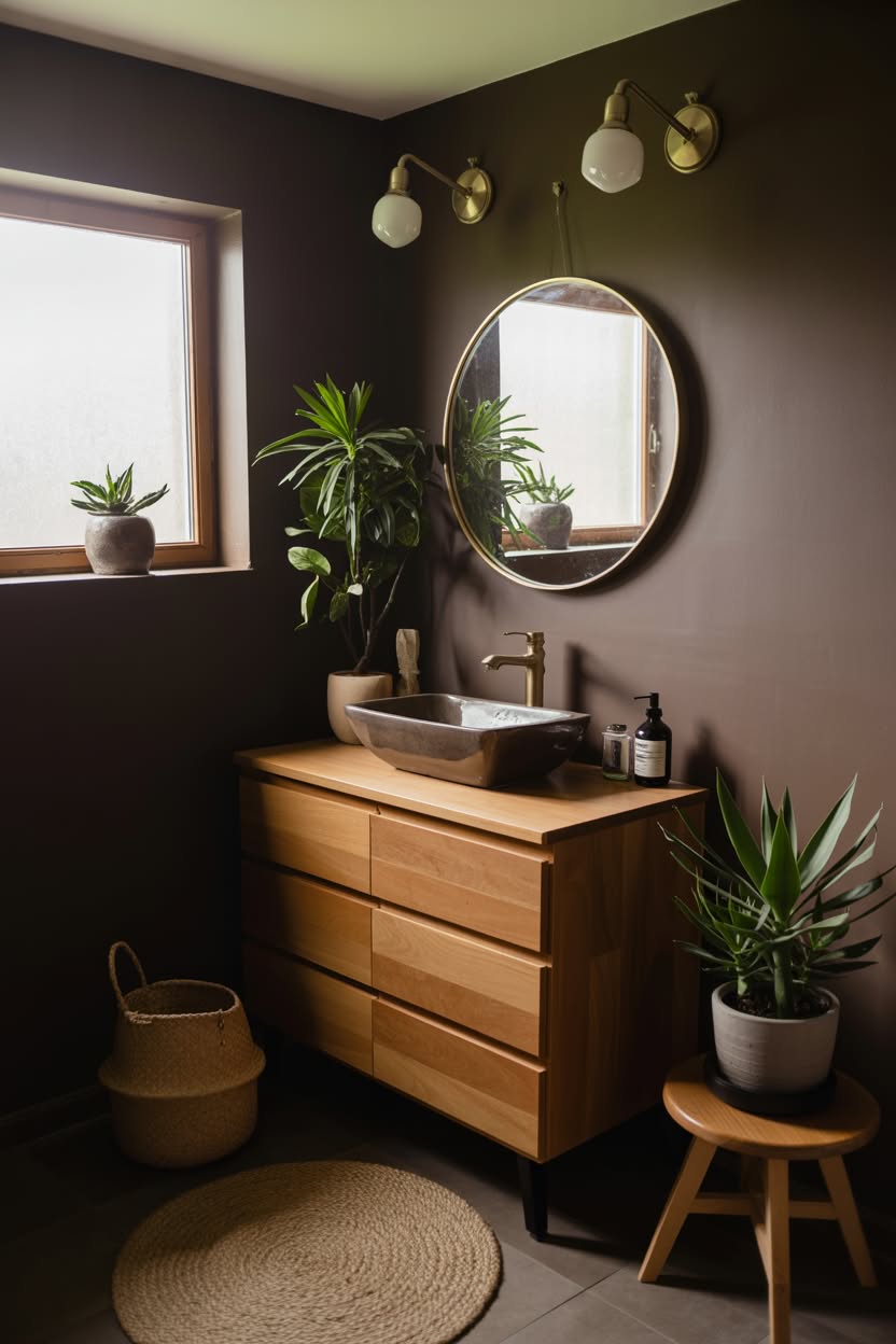 Deep olive green bathroom with floating wood vanity, vessel sink, and abundant plants