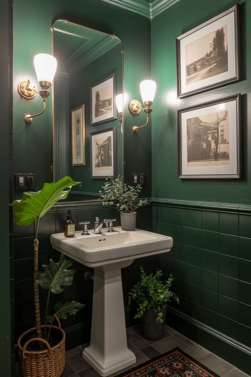 Rich emerald green bathroom with vintage pedestal sink, brass fixtures, and gallery wall