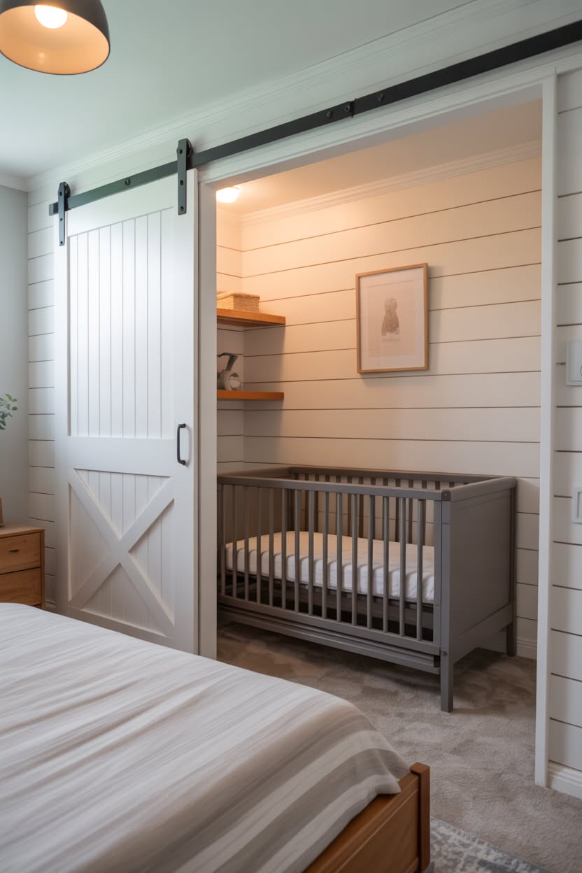 Cozy farmhouse nursery nook with sliding barn door, shiplap walls, and gray crib tucked into master bedroom corner