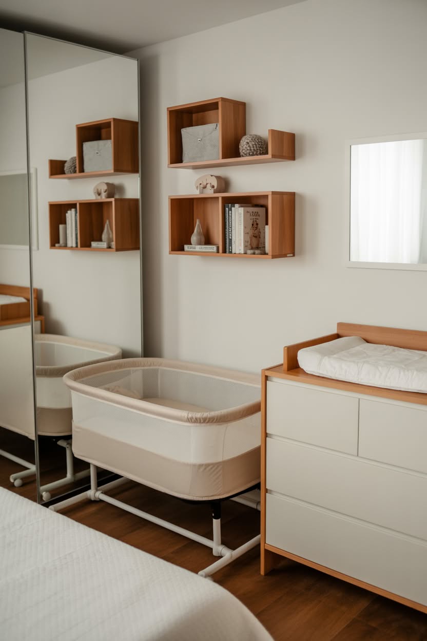 Clean Scandinavian nursery corner featuring wooden box shelves, modern bassinet on dresser, and neutral color palette in shared bedroom