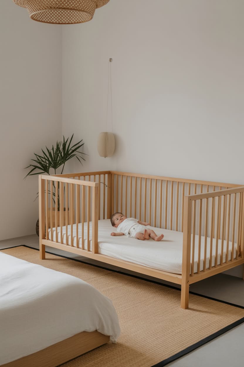 Zen minimalist nursery featuring low wooden crib on tatami mats, natural fiber rug, and simple pendant light in peaceful neutral bedroom