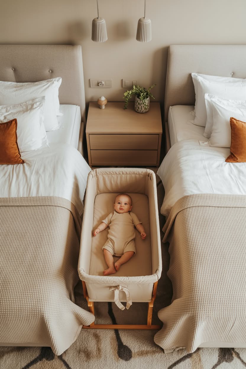 Smart co-sleeping arrangement with cream bassinet positioned between two upholstered beds, featuring neutral bedding and pendant lighting