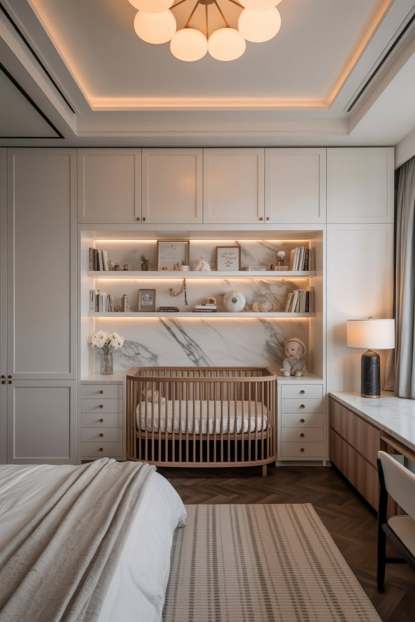 Upscale nursery corner featuring marble backsplash, LED-lit floating shelves, round wooden crib, and elegant ceiling detail in luxury bedroom