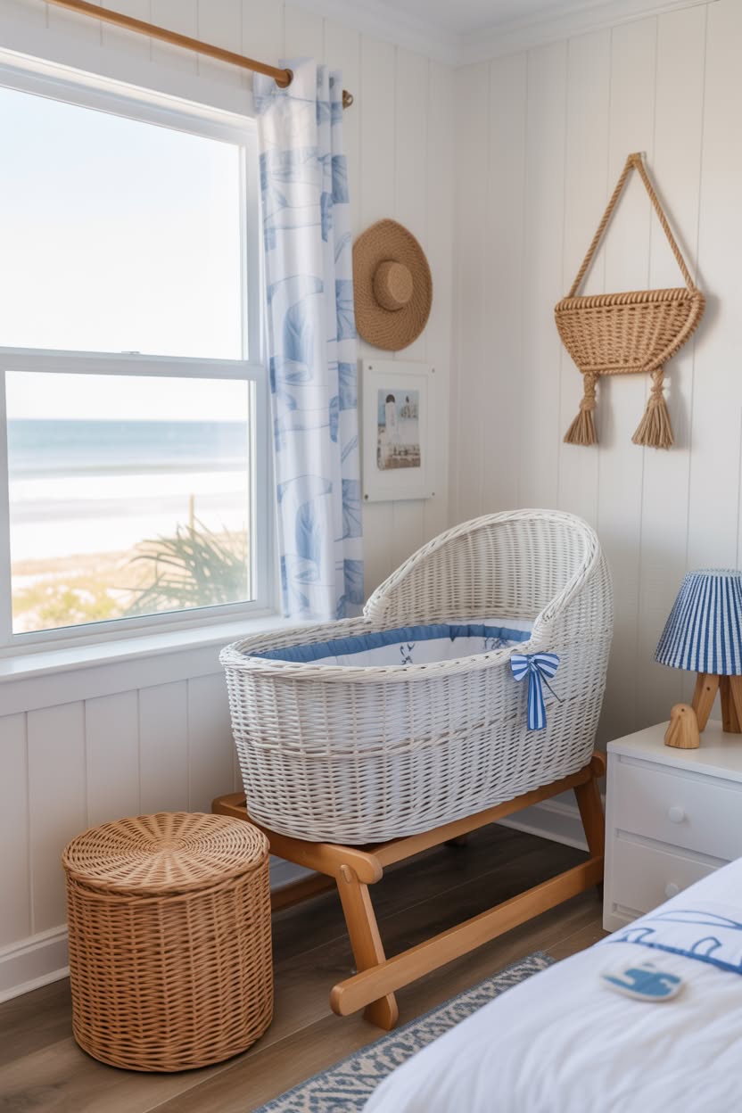 Breezy coastal nursery featuring white wicker bassinet with blue accents, shiplap walls, nautical decor, and ocean view window