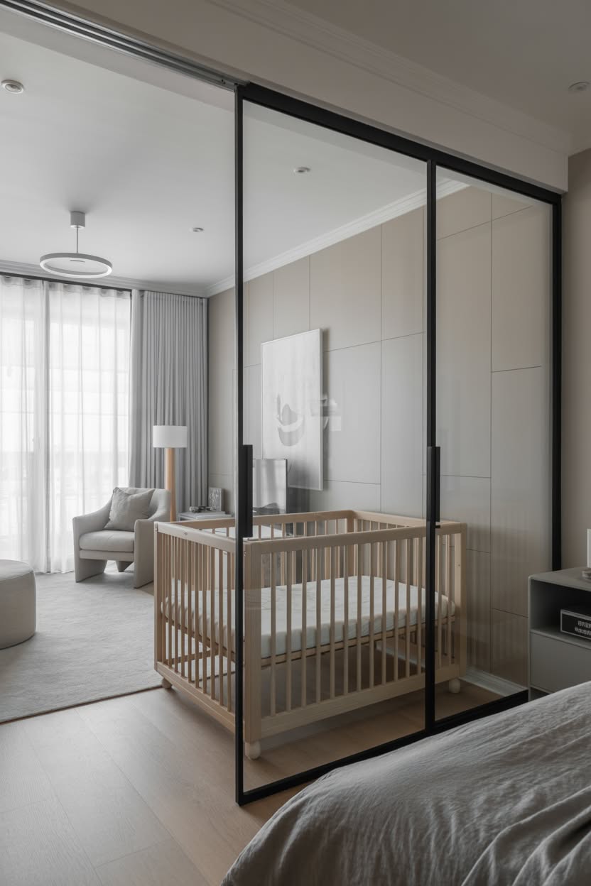 Contemporary nursery corner with floor-to-ceiling glass partition, black metal frames, wooden crib, and minimalist decor in modern master suite