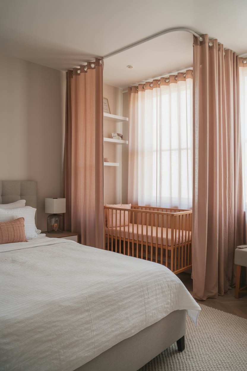 Cozy bohemian nursery corner featuring rattan bassinet, macrame wall hanging, natural wood changing table, and earthy neutral tones