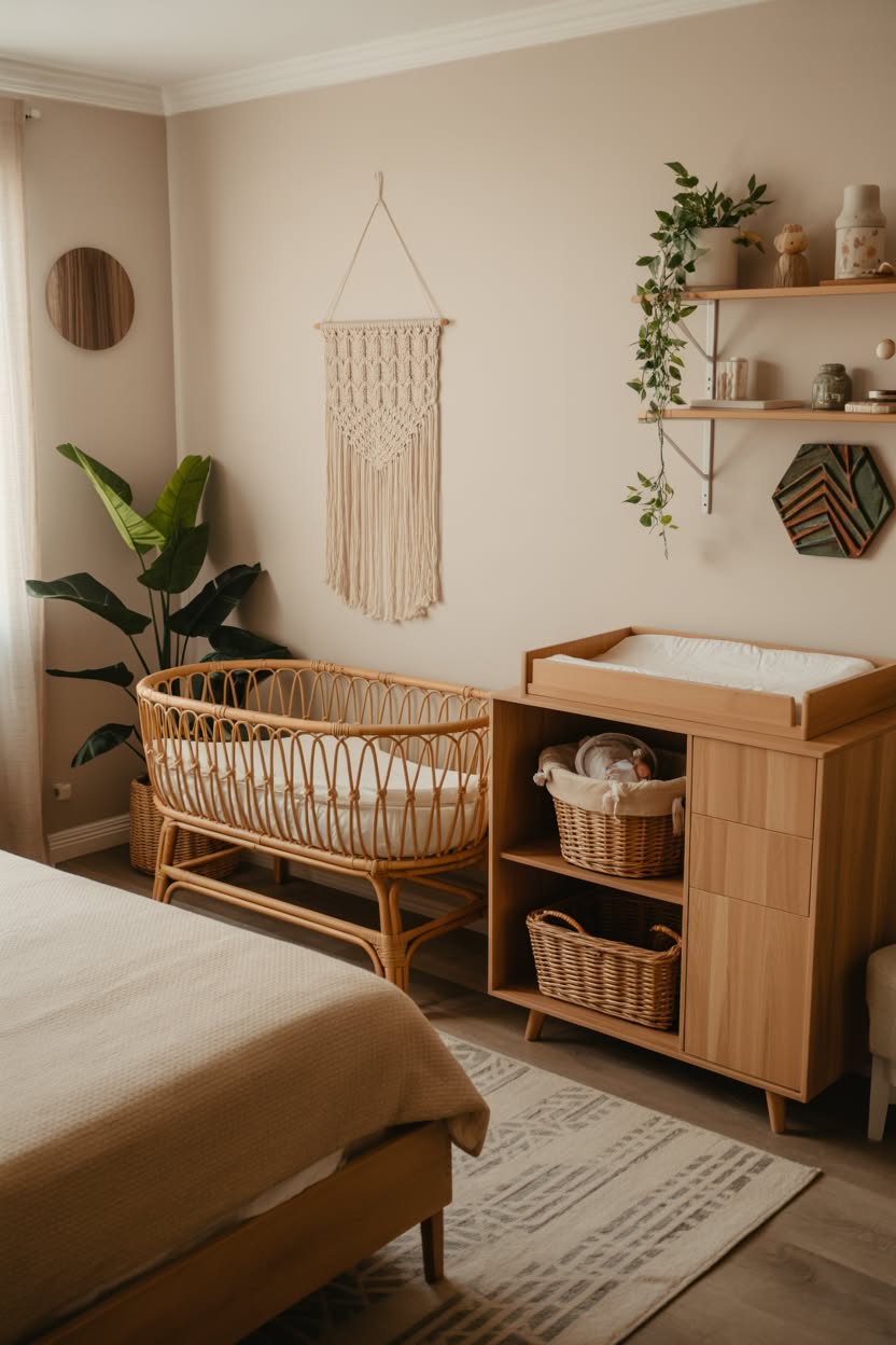 Space-efficient nursery corner maximizing vertical storage with floating shelves, wall-mounted changing station, and wooden crib in small bedroom