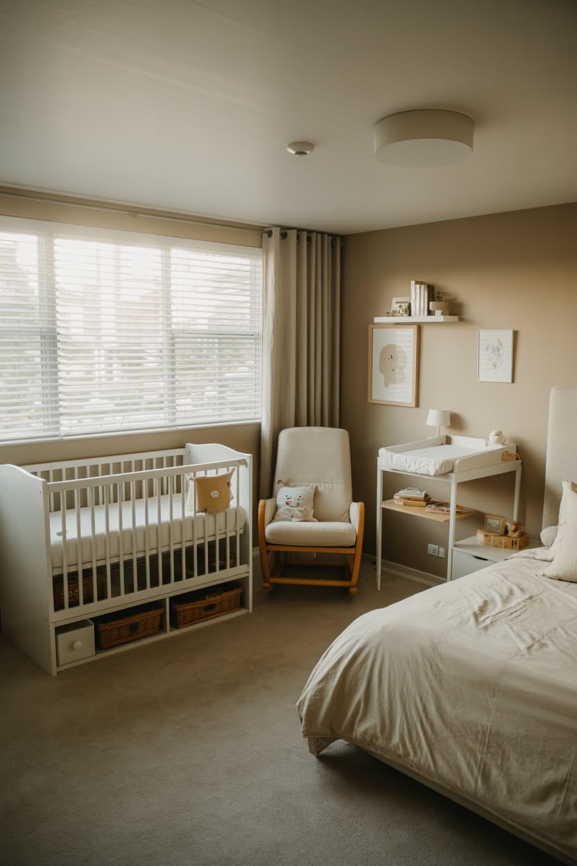Modern built-in nursery nook with recessed crib space, integrated LED lighting, floor-to-ceiling storage, and contemporary design in master suite