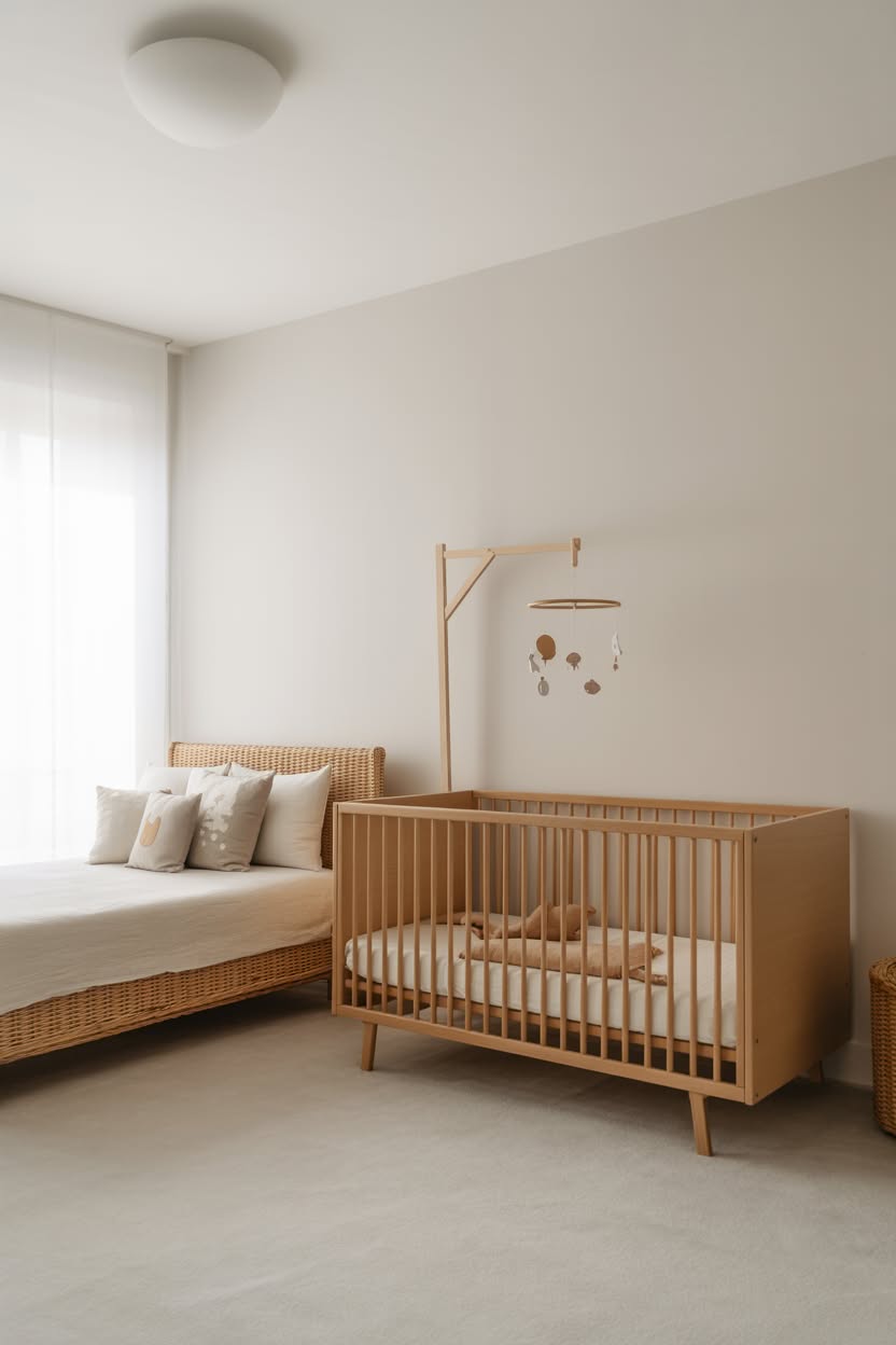 Elegant nursery corner separated by flowing curtains on ceiling track, featuring natural wood crib and built-in shelving in modern bedroom