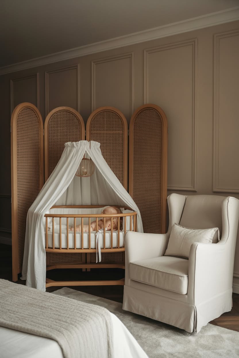 Peaceful minimalist nursery corner with low wooden crib, wicker daybed, simple decor, and natural textures in serene neutral bedroom