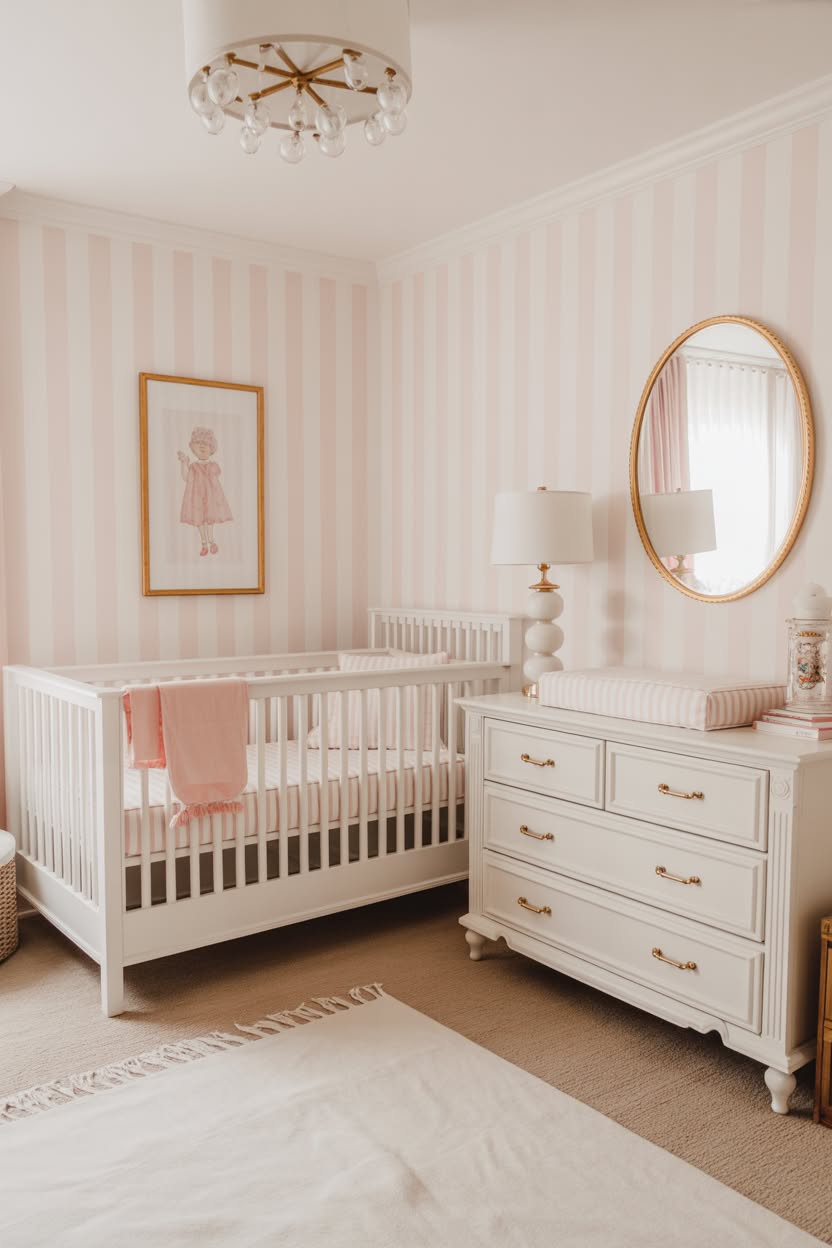 pink and white striped wallpaper nursery with white crib and gold mirror