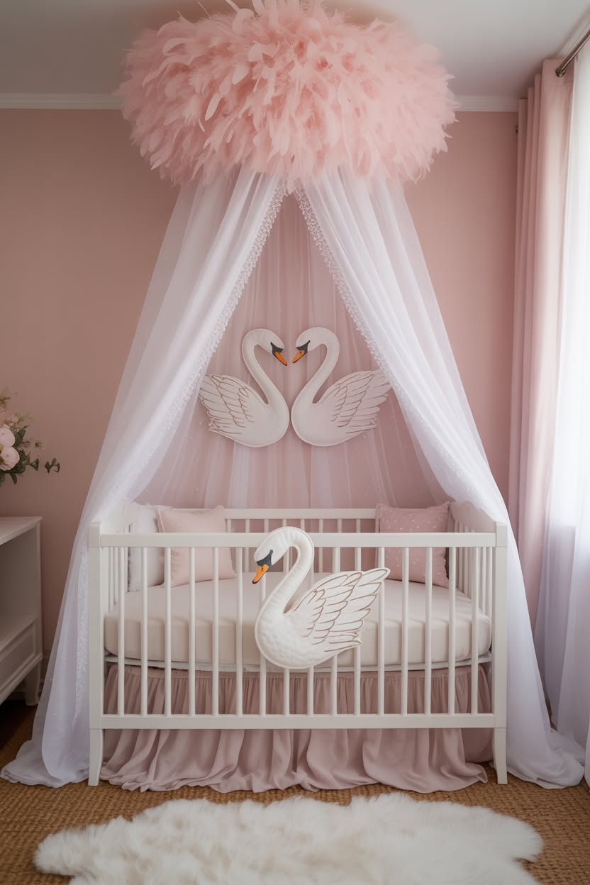 white crib with pink feather canopy and swan decorations in blush nursery
