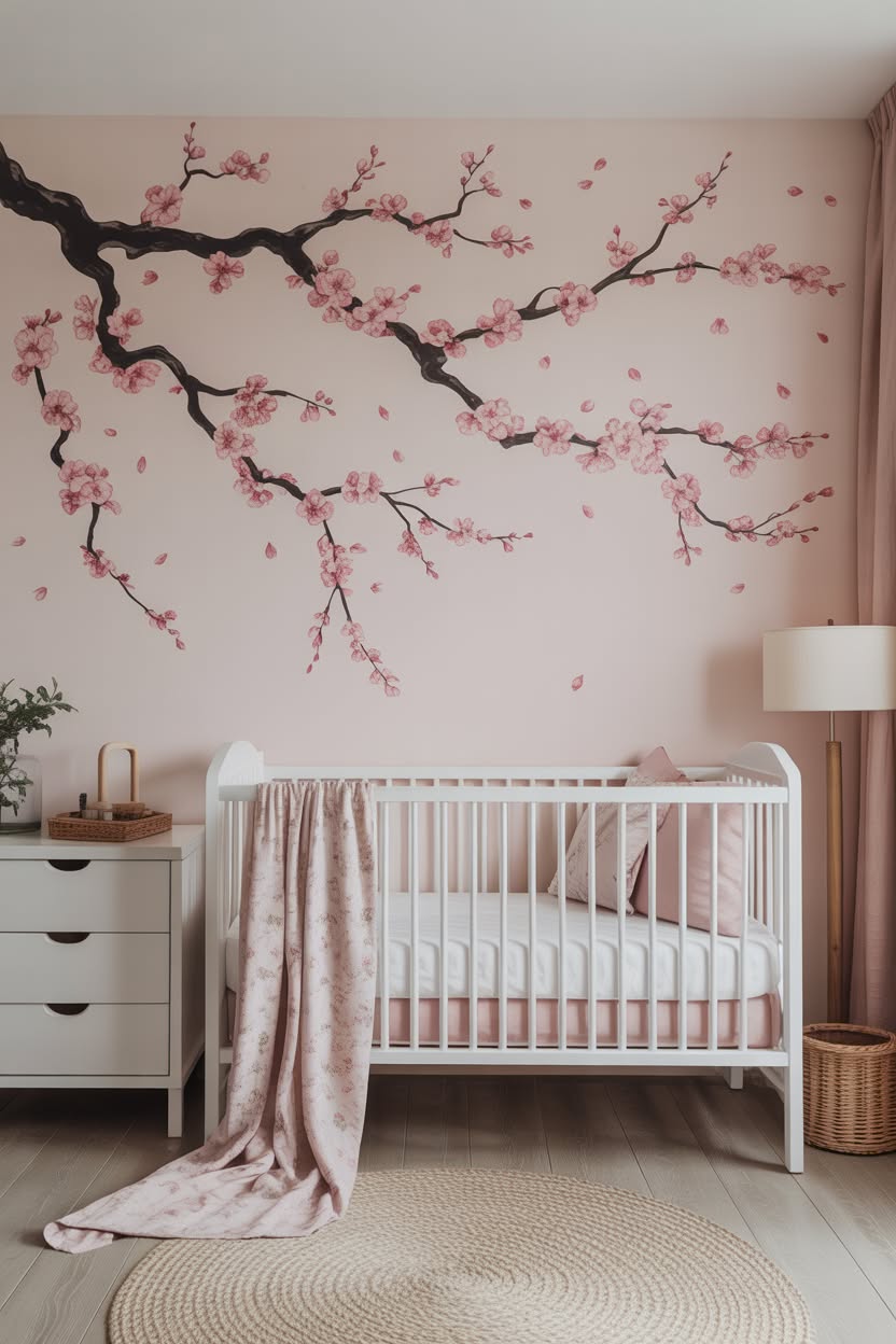 white nursery with hand-painted cherry blossom mural and modern white crib