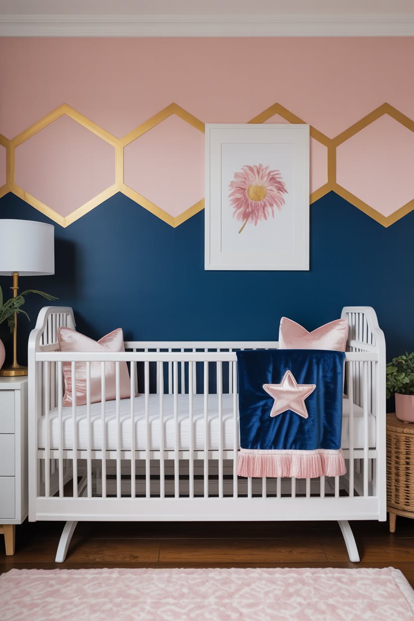 modern peach nursery with ombre walls gold frame accent and white crib