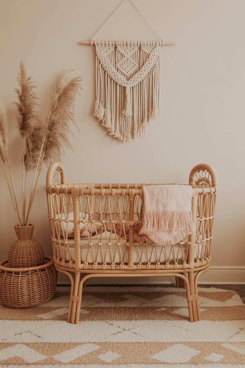 stunning large scale floral mural nursery with pink peonies white crib and woven pendant