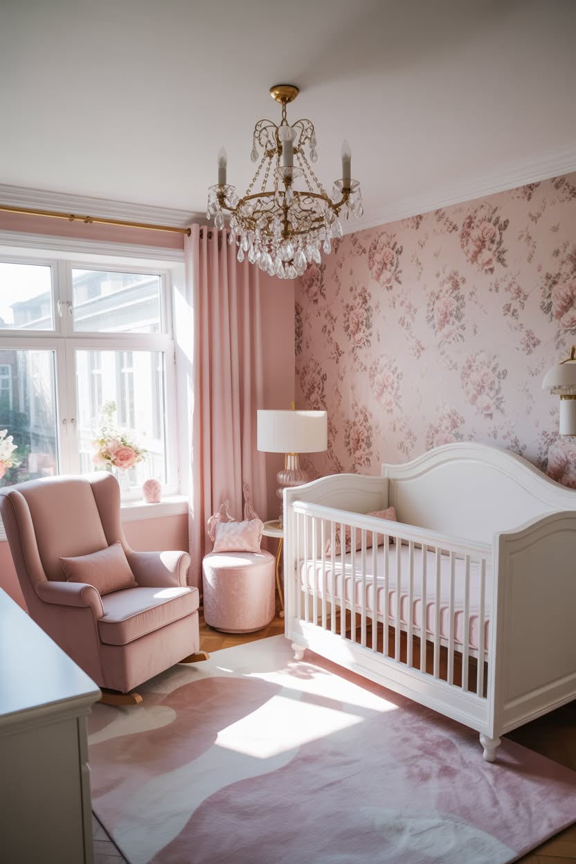 romantic pink nursery with rose wallpaper white carved crib and crystal chandelier