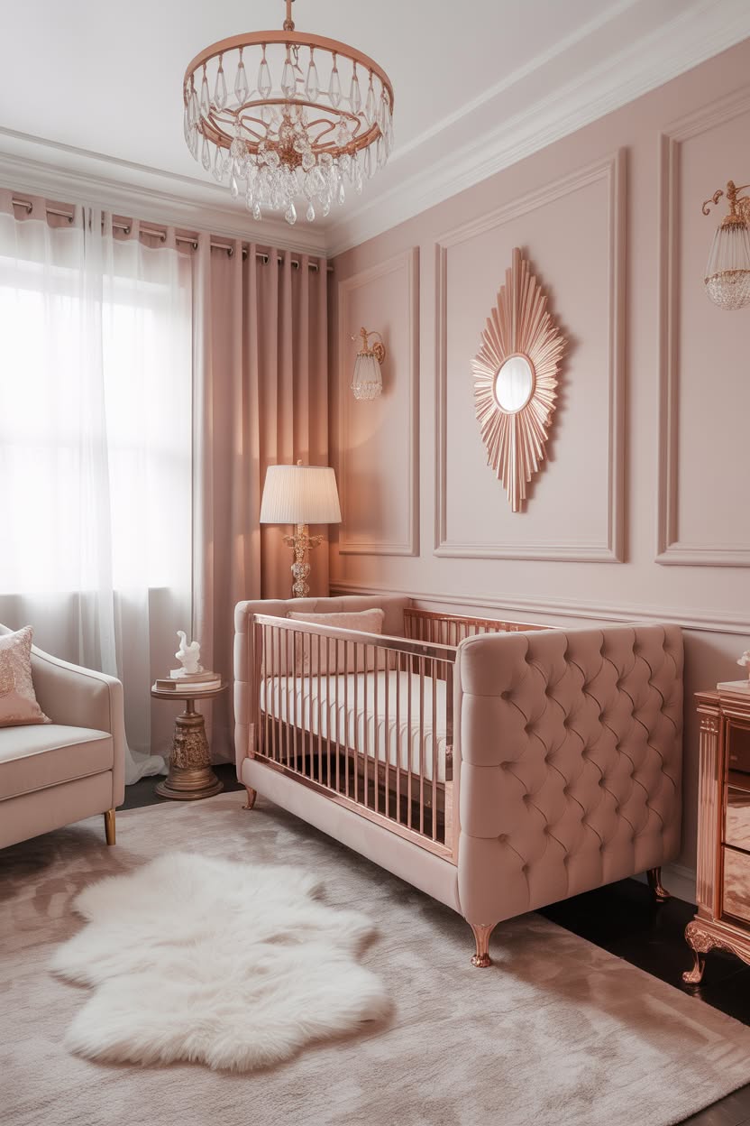 elegant dusty rose nursery with wall molding white crib and geometric mobile