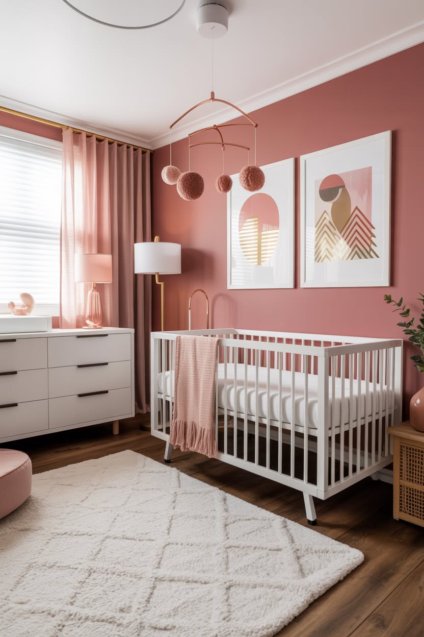 luxurious blush nursery with rose gold crib tufted headboard and crystal chandelier