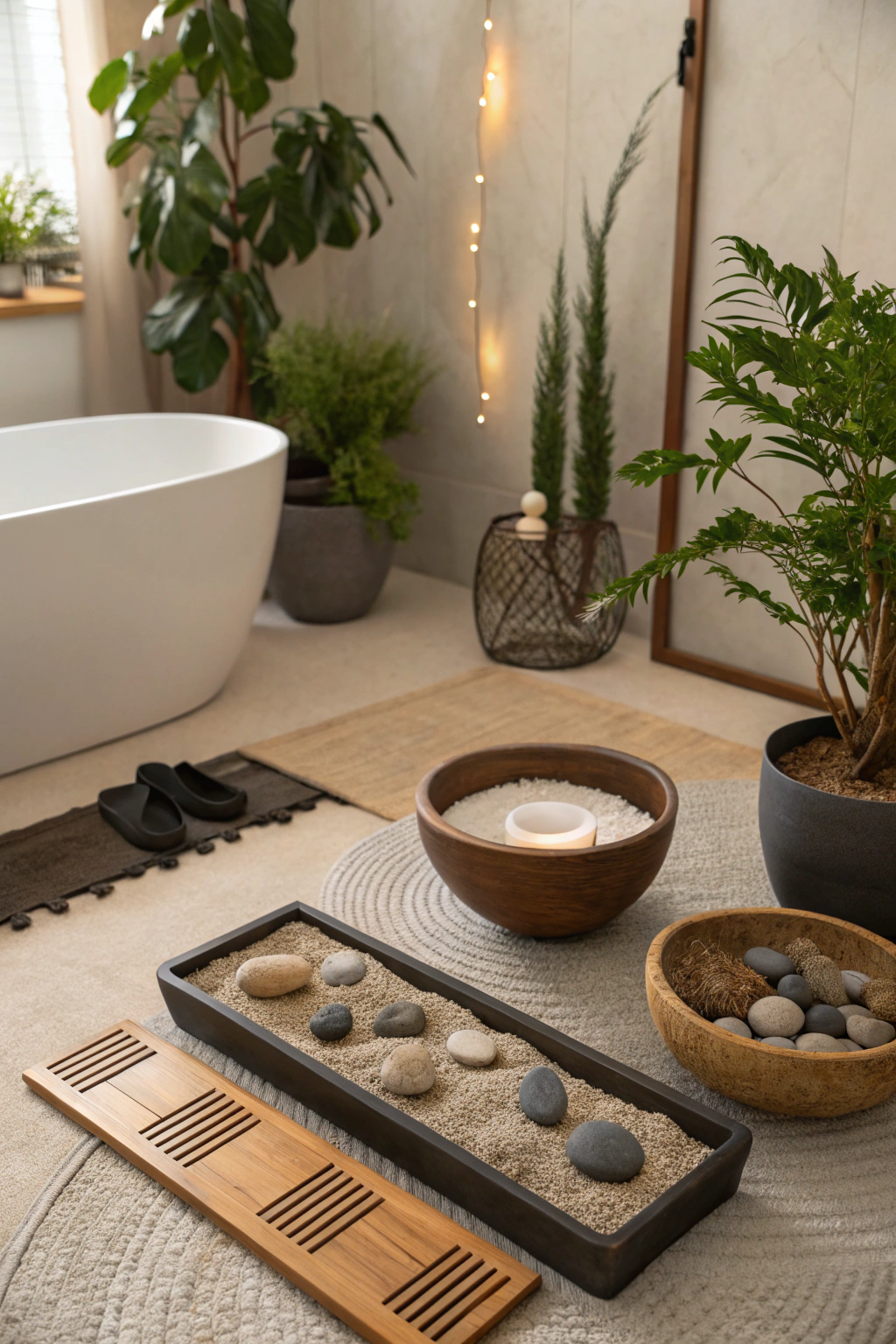 Zen garden accents in bathroom