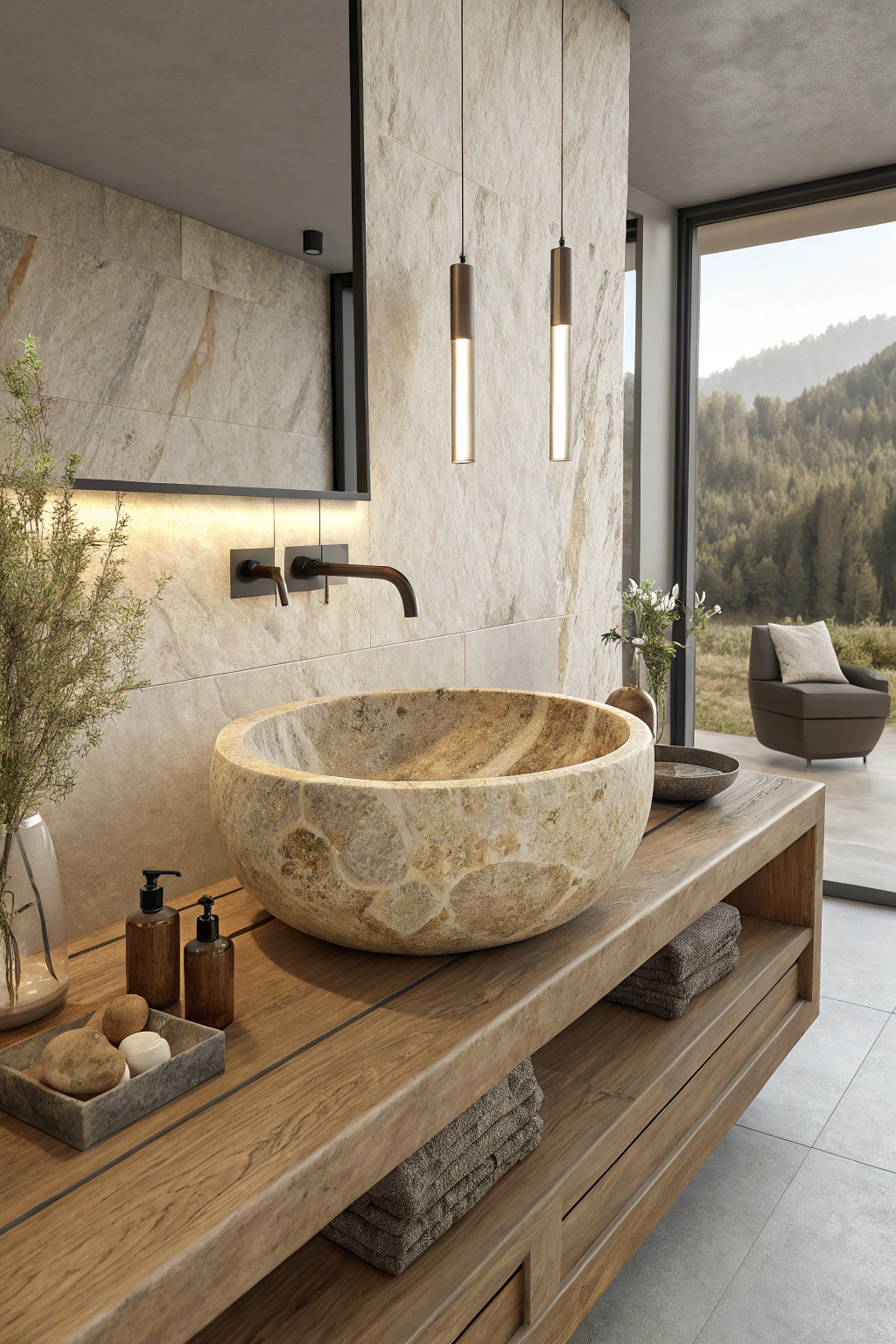Stone sink in bathroom