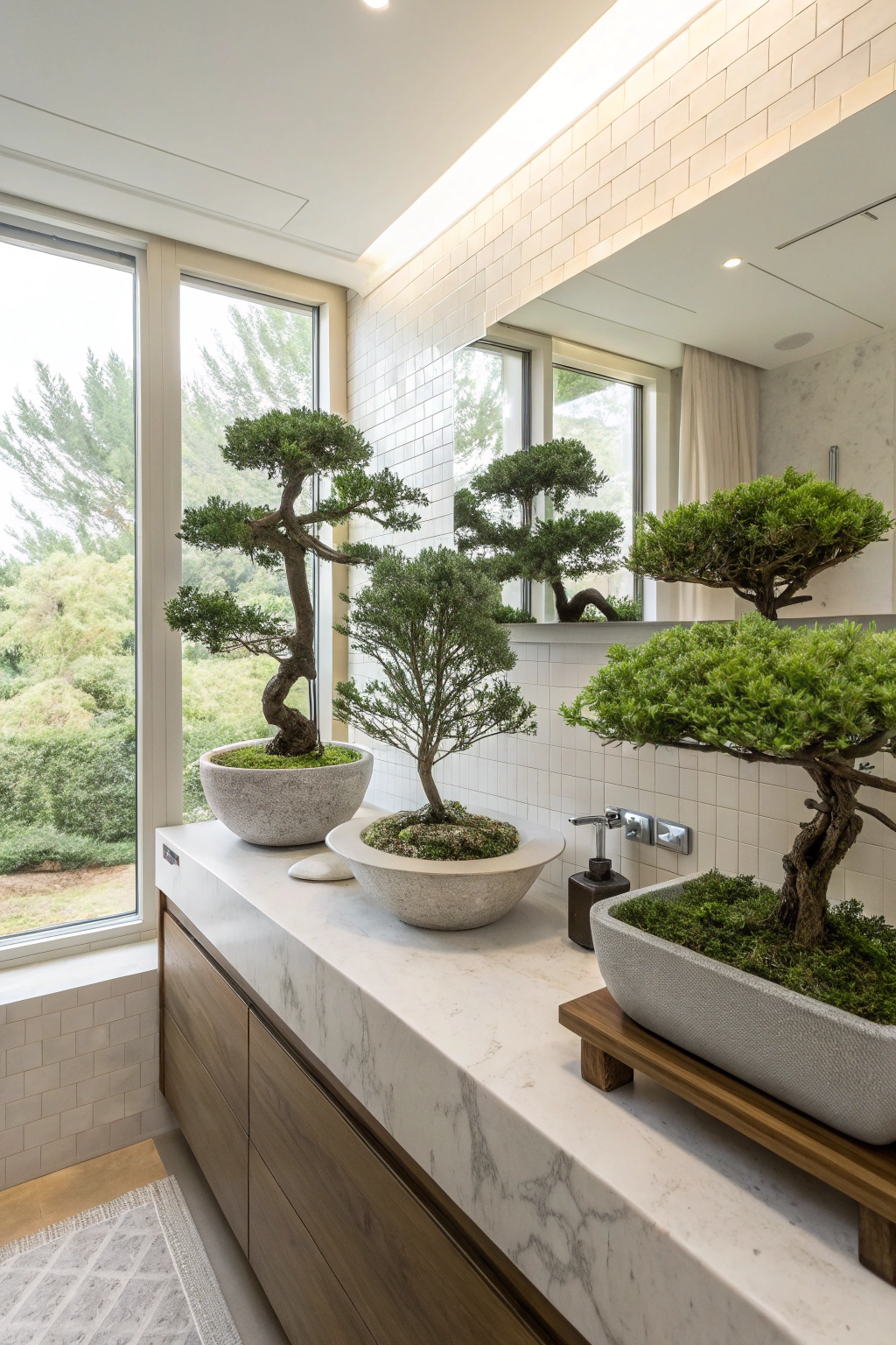 Bonsai plants in bathroom