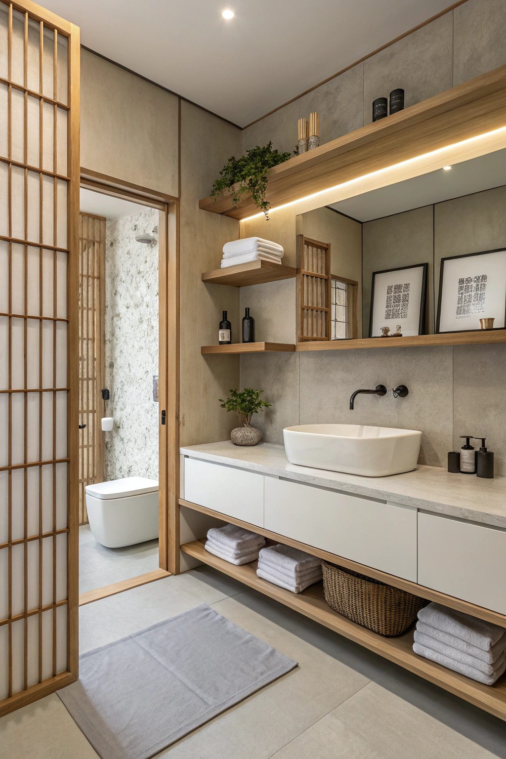Minimalist shelving in bathroom