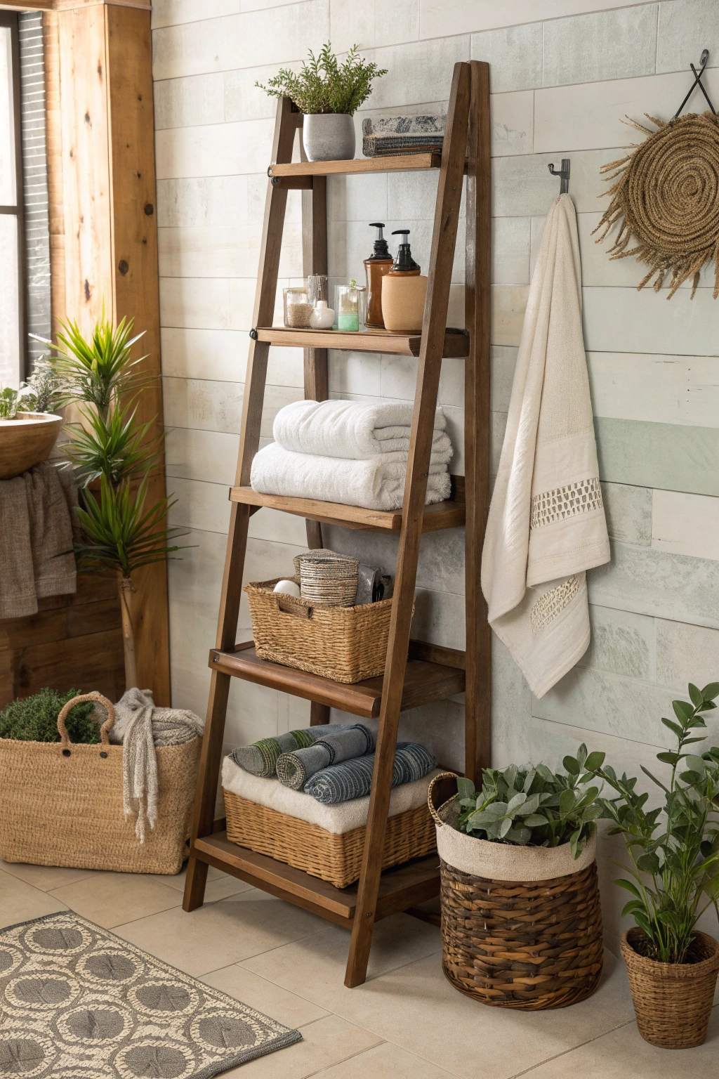 Ladder style bathroom shelves