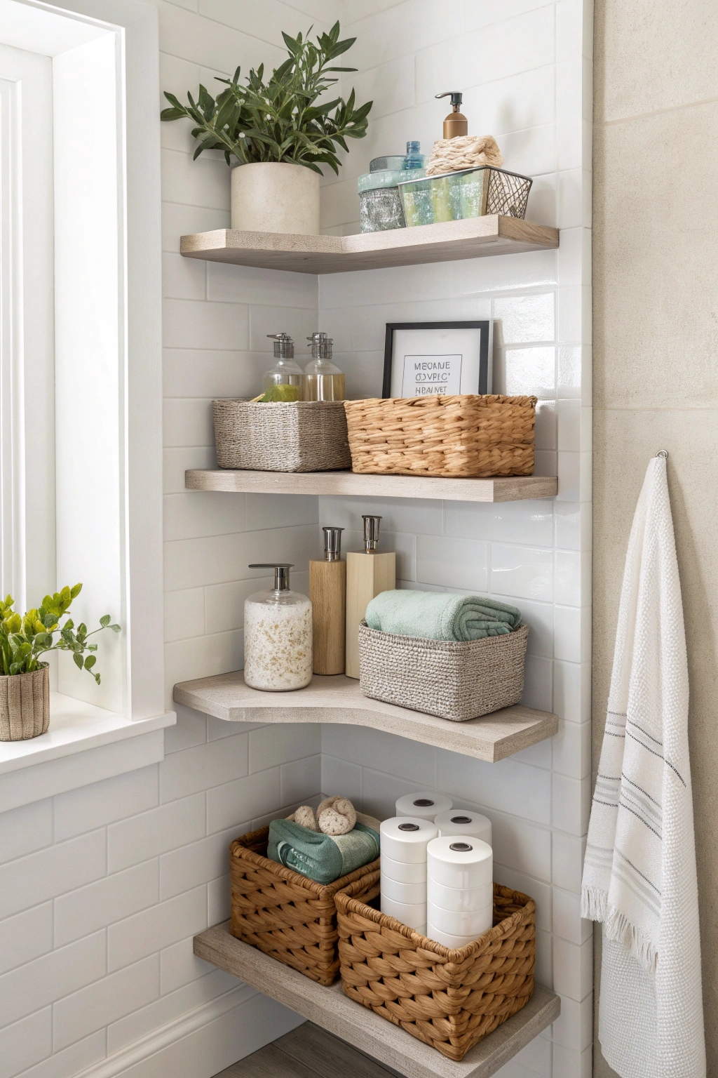 Corner bathroom shelves