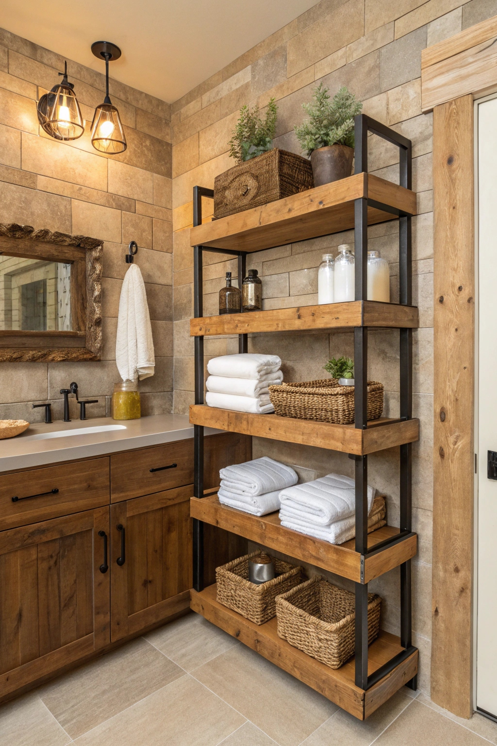 Wooden bathroom shelves