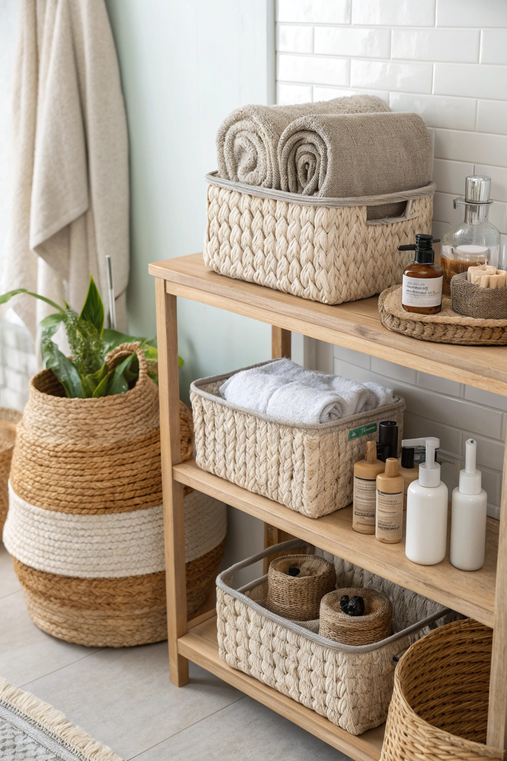 Storage baskets on bathroom shelves