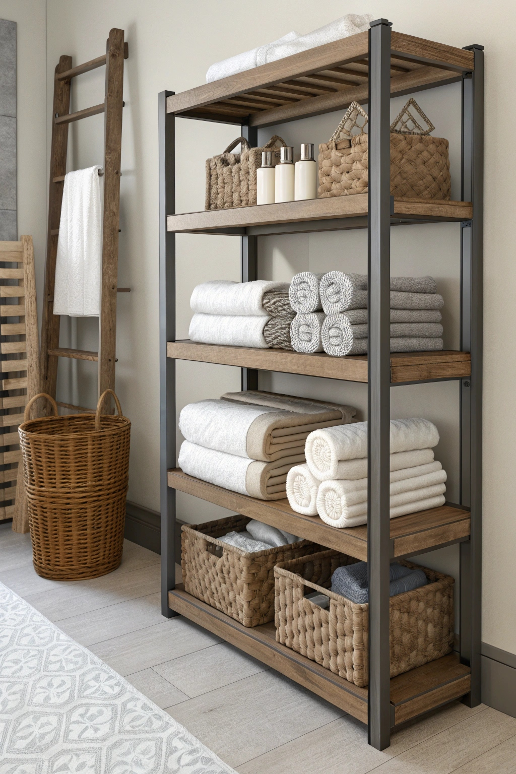 Towel racks combined with shelves