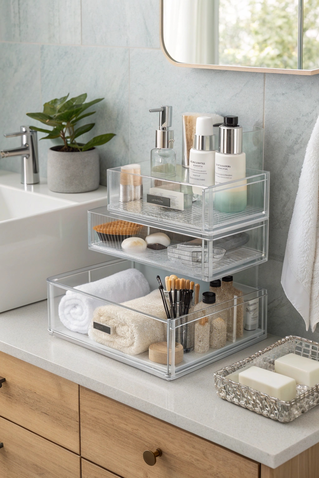 Toiletry organizers on shelves
