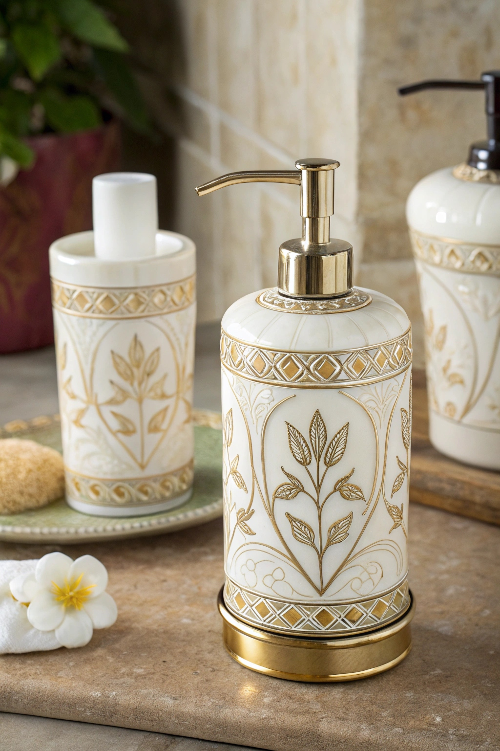 Elegant soap dispensers on shelves