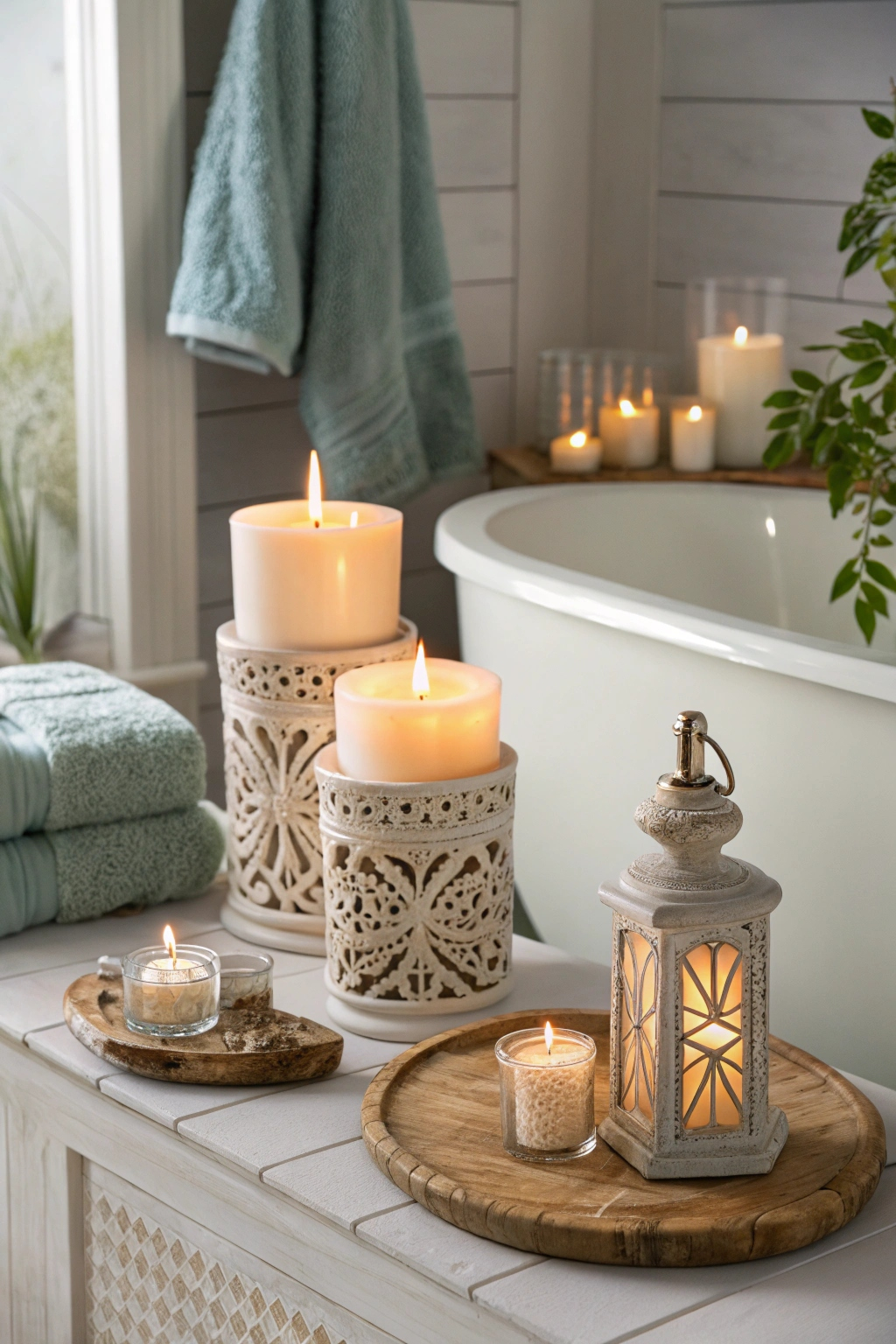 Candles on bathroom shelves