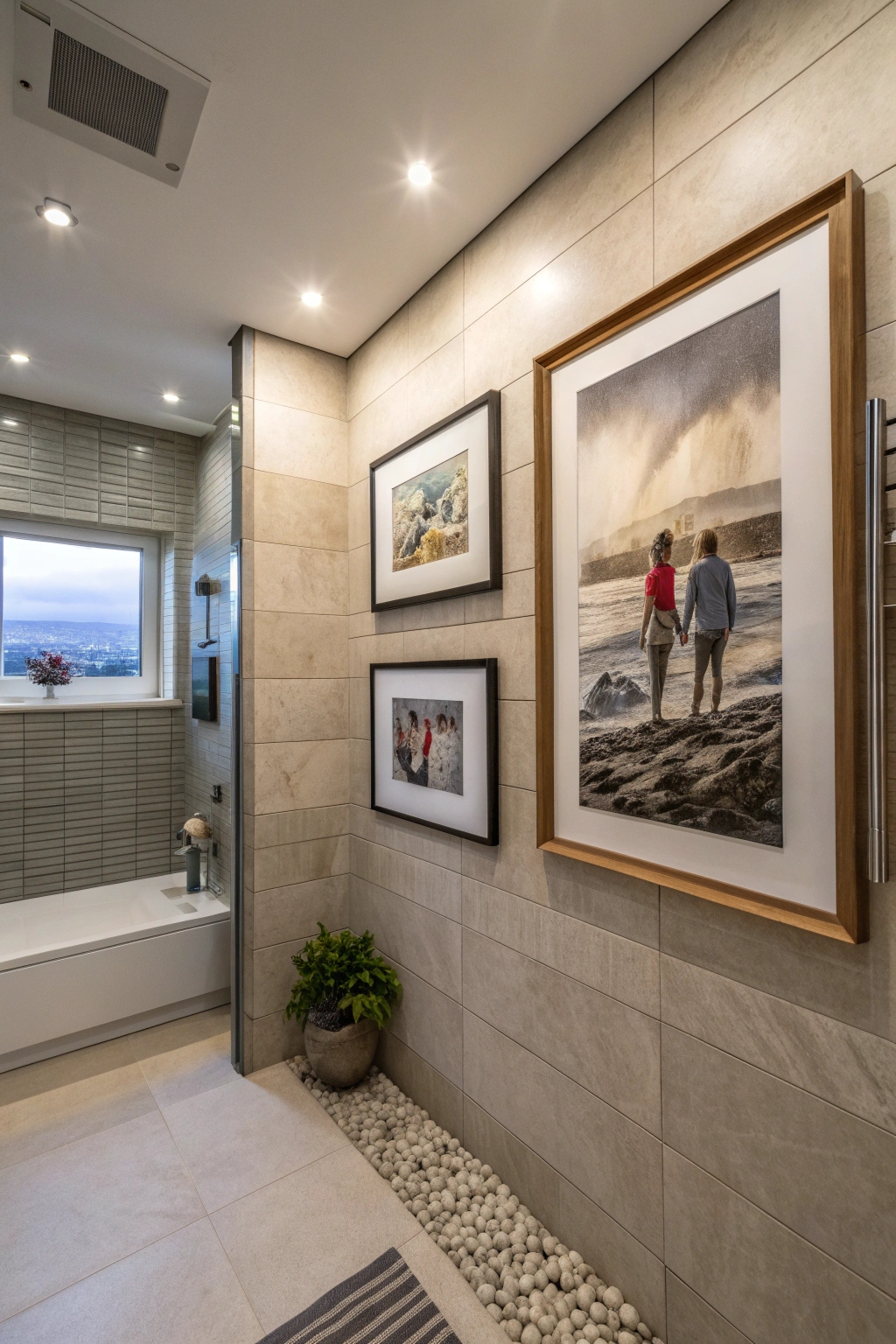 Framed art on bathroom shelves