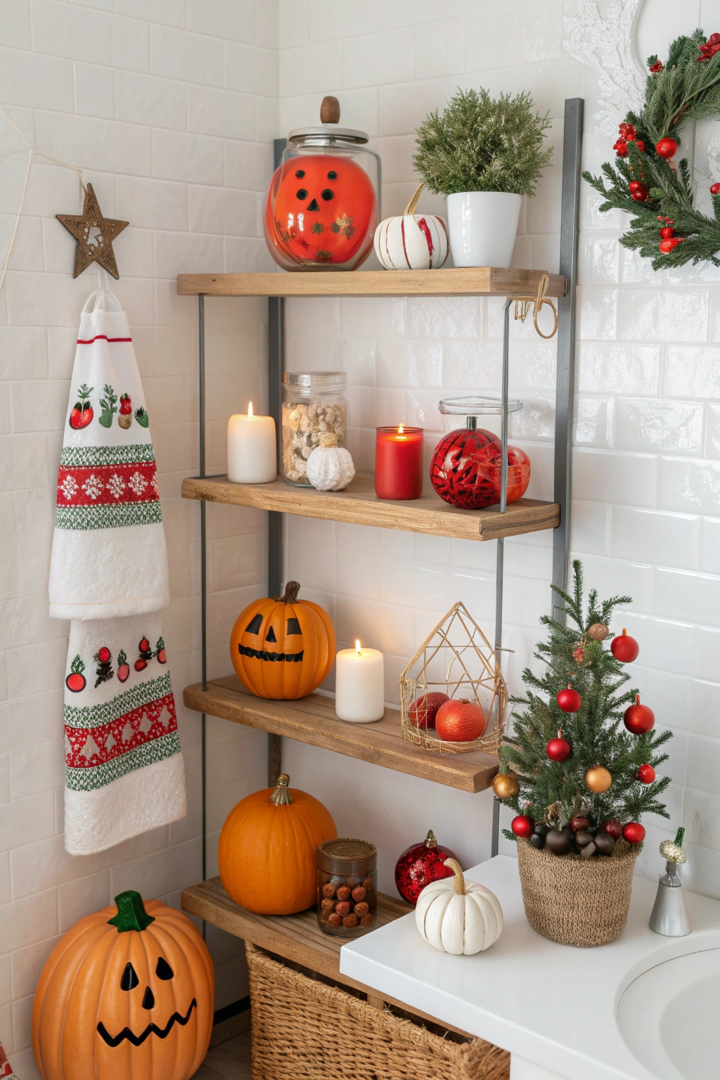 Holiday themed bathroom shelves