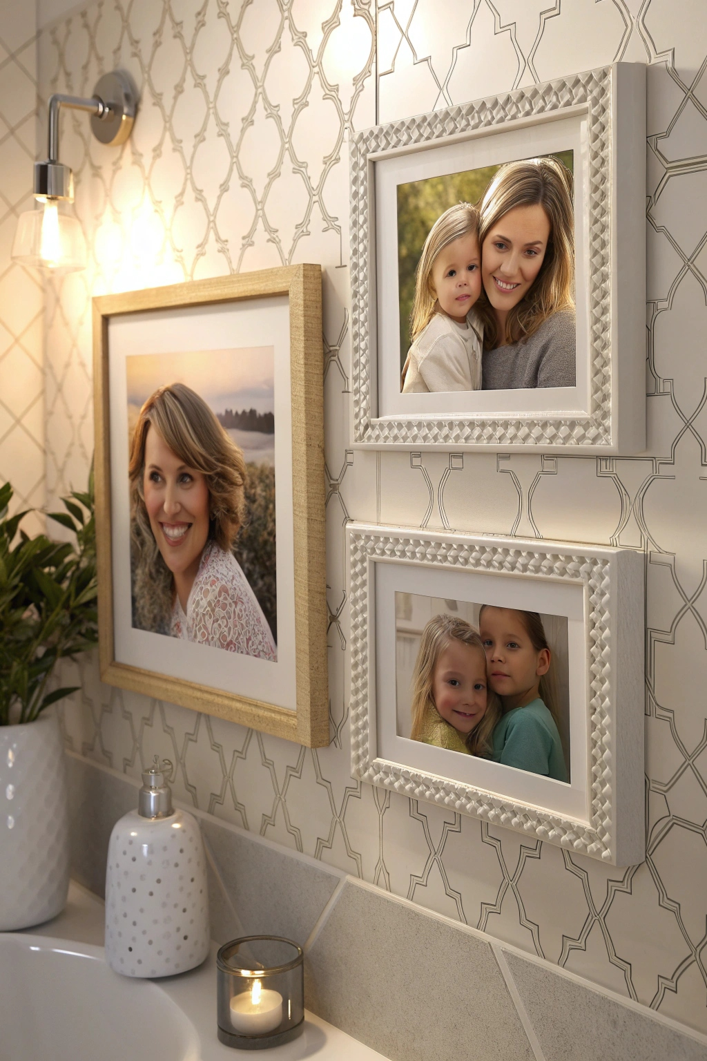 Family photos on bathroom shelves