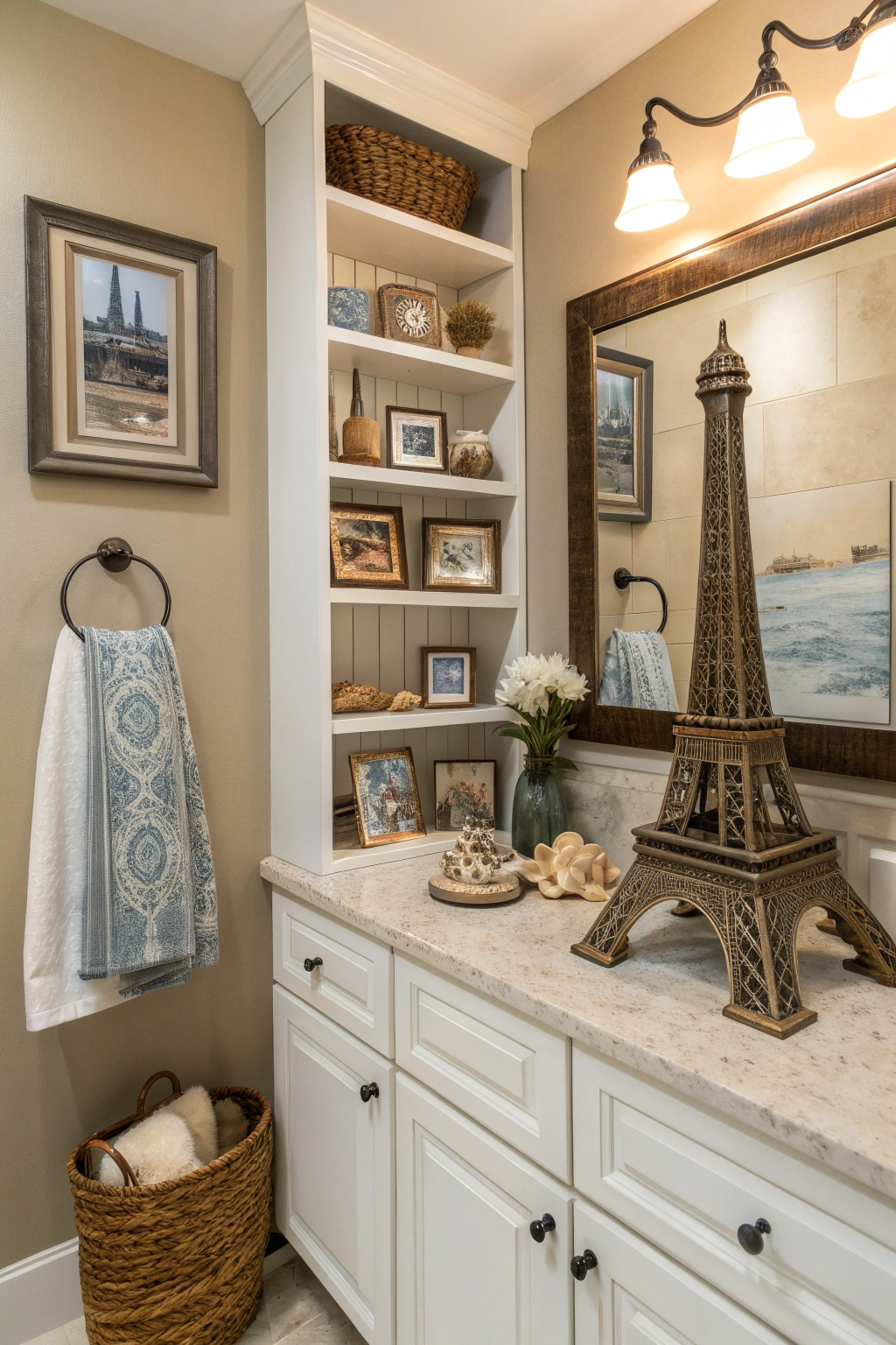 Memory tokens on bathroom shelves