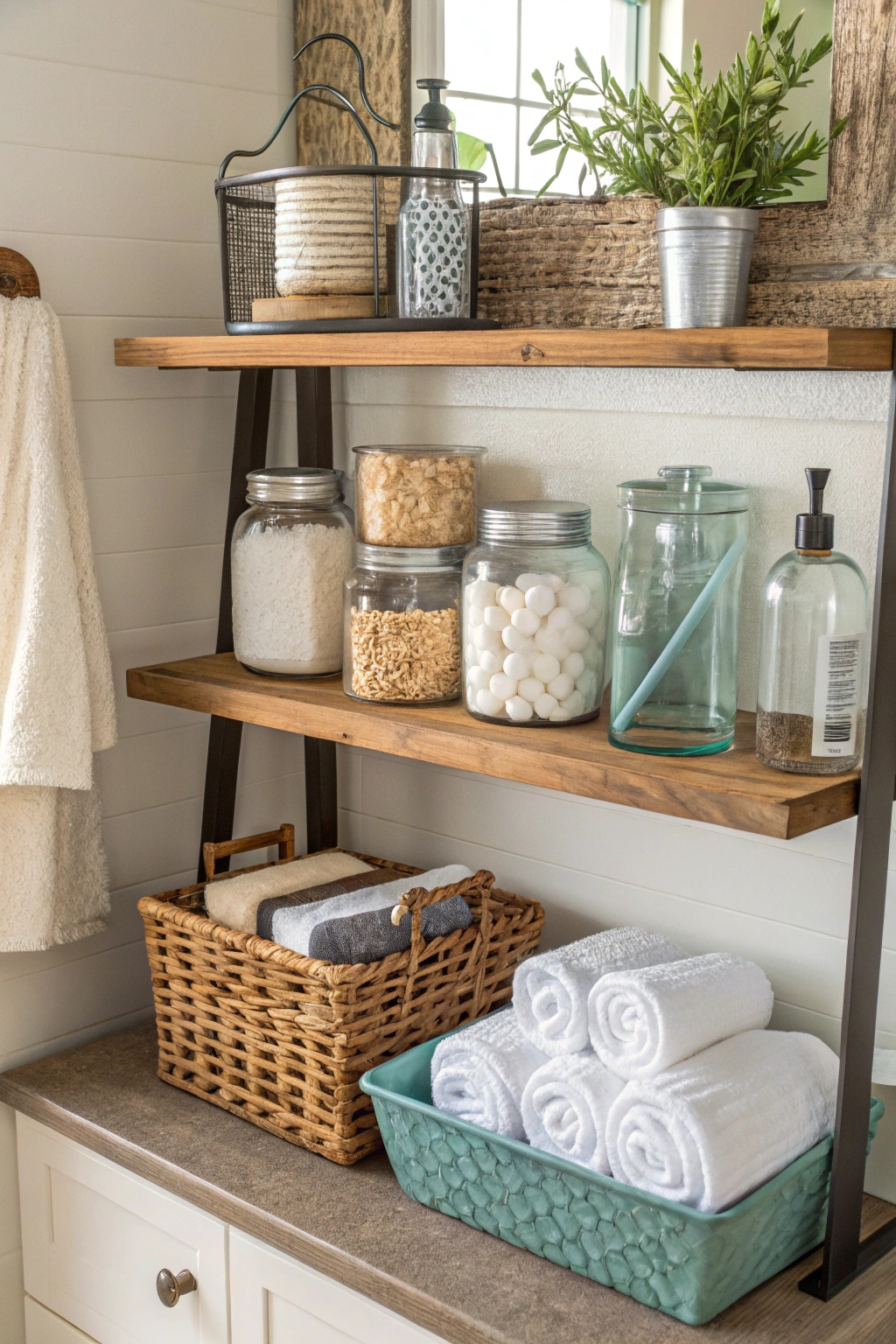 Repurposed household items for bathroom shelves